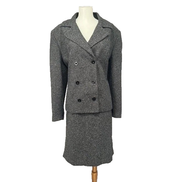 Vtg Amanda Smith Skirt Suit Size 14 Medium Gray Tweed Double Breasted Blazer Set - Picture 1 of 12